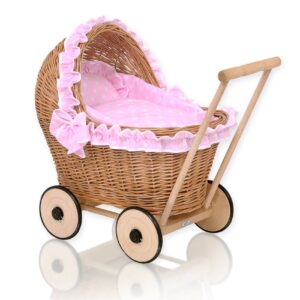 Wiklinowy wózek dla lalek pchacz z różową pościelką i miękką wyściółką- naturalny