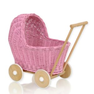 Wiklinowy wózek dla lalek pchacz - pink