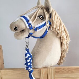 Zestaw do Hobby Horse: kantar A3 z białym futerkiem + uwiąz ze sznurka - biało-niebieski