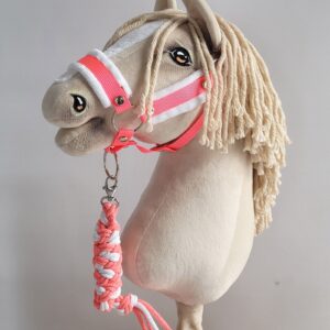 Zestaw do Hobby Horse: kantar A3 z białym futerkiem + uwiąz ze sznurka - neon-pink/ biały